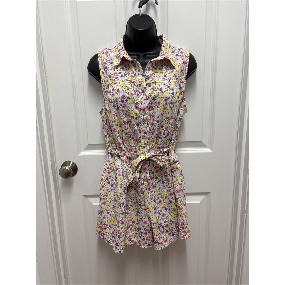 Derek Heart Retro 50s Look White Multi Floral Sleeveless Belted Romper Sz‎ Large